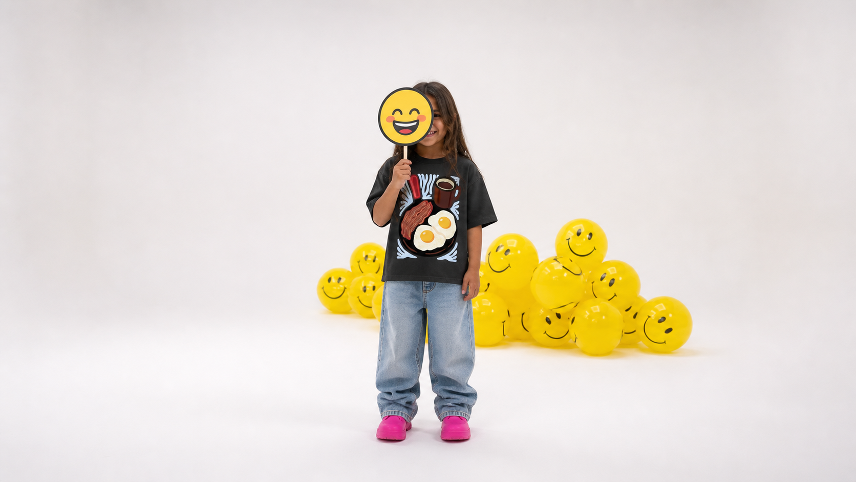 Little girl wearing Rooey tshirt in cyclorama with smiley balloons